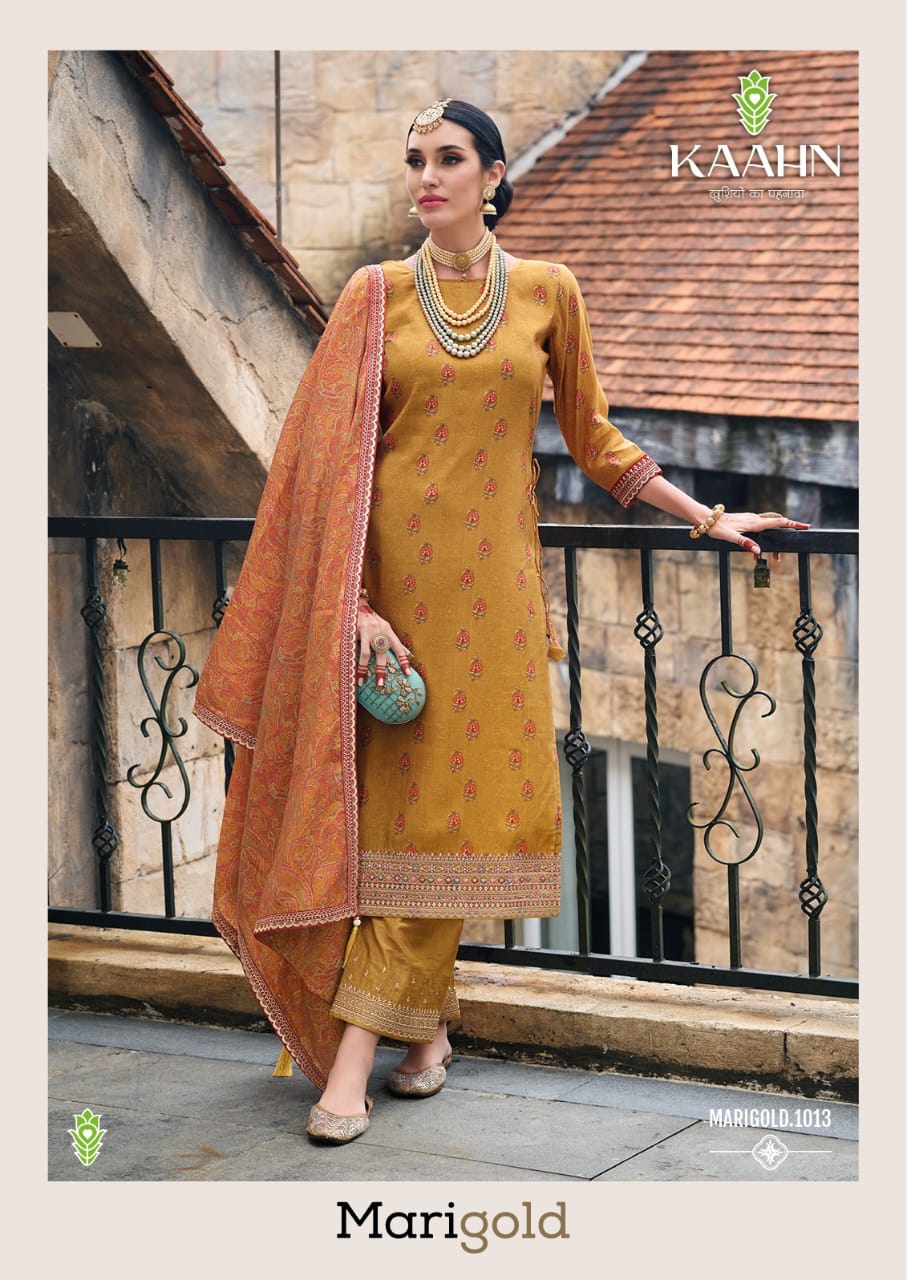 Kaahn Marigold Heavy Designer Dress Material Catalog
